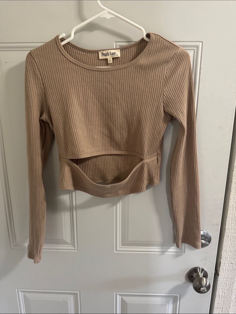 Peach Love California Beige Ribbed Long-Sleeve Cutout Crop Top